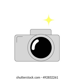 Icon camera with flash. Stock line flat isolated