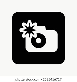 Icon of a camera with a flash symbol, representing photography and capturing moments. Simple black and white design, ideal for photography themes. User interface icon vector.