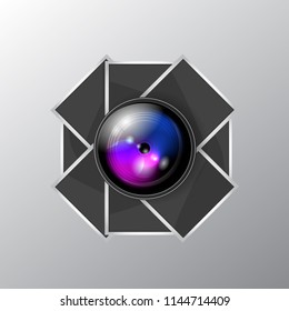 Icon with camera lens and blank retro photo slide frames on the background. Gallery sign