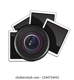 Icon with camera lens and blank retro photo slide frames on the background. Gallery sign