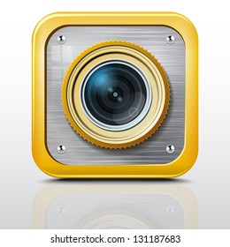 Icon camera, metal structure, yellow case. Vector