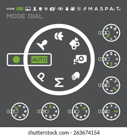 Icon Camera mode dial Set: Auto mode, Program mode, Manual mode, Portrait mode, Sports mode, Landscape mode, Macro mode... in vector. Black background.