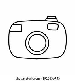 Icon camera in the style of Doodle. Cute camera with a black contour line. Hand-drawn drawing.