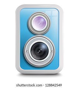 Icon , camera with two lenses, blue case . Vector