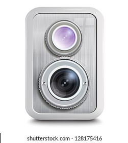Icon , camera with two lenses, metal case. Vector