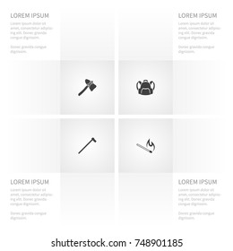 Icon Camp Set Of Cutter, Tomahawk, Matchstick And Other Vector Objects. Also Includes Matches, Powder, Backpack Elements.