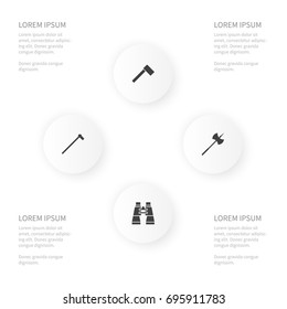 Icon Camp Set Of Poleaxe, Tomahawk, Binoculars And Other Vector Objects. Also Includes Ax, Hatchet, Blade Elements.