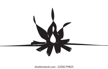 Icono de la hoguera. Tema de Scout yendo al campamento. Ilustración vectorial de la hoguera, boceto de aventura en el campamento. Icono, símbolo, logotipo adecuado para acampar, hacer caminatas, viajar. Icono hoguera de leña.
