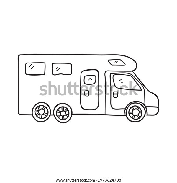 Icon Of Camping Family Caravan Car. Hand\
Drawn Sketch Design. Vector\
Illustration.