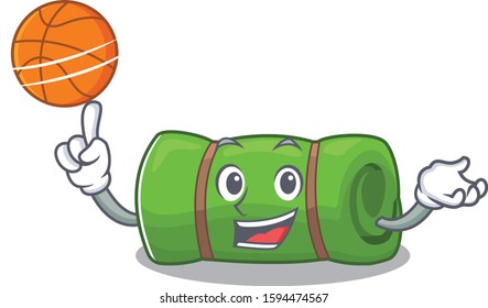 An icon of camping mat Scroll cartoon character playing basketball