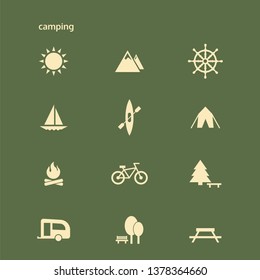Icon camping set. Vector illustrations with tent, bonfire, mountains, bike simbols.