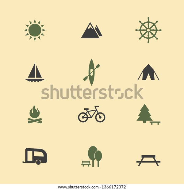 Icon camping set. Vector illustrations with\
tent, bonfire, mountains, bike\
simbols.
