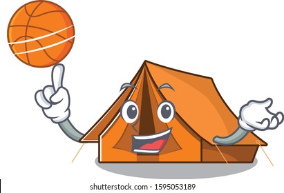 An icon of camping tent Scroll cartoon character playing basketball