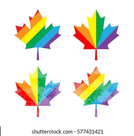 Icon Canada maple leaf. Rainbow gay and lesbian equality symbol LGBT. Vector illustration for gay-pride design, t-shirt. Unique Canadian maple leaf.