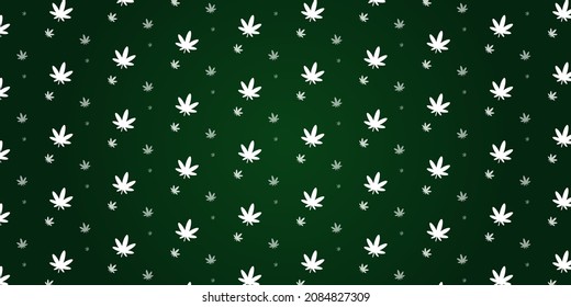 Icon cannabis, marihuana, ganja pattern on a green background. Tile pattern. White repeating silhouette of a Sativa leaf. Different sizes and opacity.