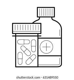 Icon with capsule in bottle and container. Painkiller pills or medical drug for health, treatment in linear style. Medicine or pharmacy. Vector medicament outline illustrations isolated on white