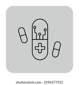 Icon of capsule intertwined with circuit patterns, symbolizing fusion of technology and health. Modern approach to healthcare concept