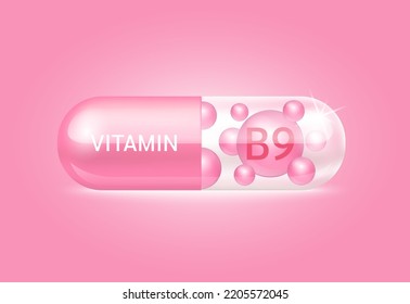 Icono Cápsula vitamina B9 estructura rosa y blanca Es transparente y la píldora vitamínica está en el interior. Concepto de belleza. Atención personal. Ilustración de vectores 3D. píldora transparente de la cápsula. Concepto de negocio de drogas.