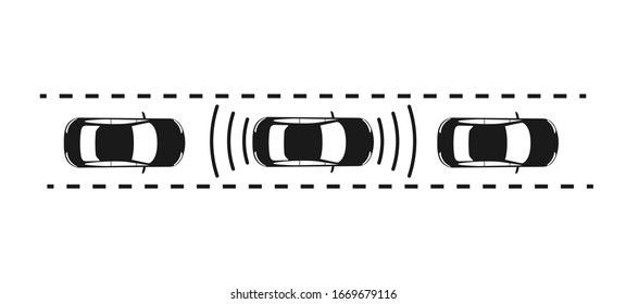 Icon Of The Car With The Radar Gun A Safe Distance. Parking Sensors On The Car. The View From The Top. Simple Flat Design For Websites And Apps
