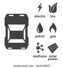 The Icon Of The Car And The Types Of Fuel With Which It Can Be Refueled - Gasoline, Electricity, Bio Fuel And Others. Isolated Vector On A White Background.