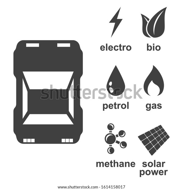 The icon of the car and the types of\
fuel with which it can be refueled - gasoline, electricity, bio\
fuel and others. Isolated vector on a white\
background.