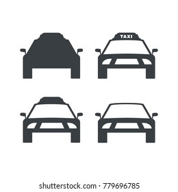 icon, car, variation, silhouette, vector illustration flat, set, taxi view from front, lights and windshield, black, gray, white