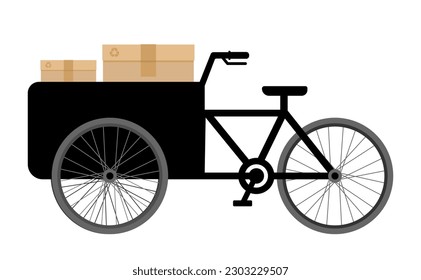 Icono de la bicicleta de carga con cajas cargadas de cartón. Ilustración vectorial plana