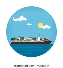 Icon of Cargo Container Ship , Industrial Marine Vessel with Containers on Board at Sea, International Freight Transportation, Vector Illustration 