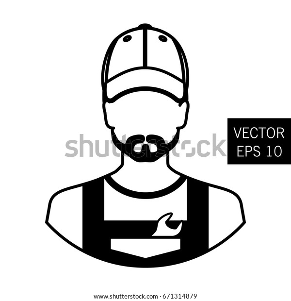Icon cars. Repair avatar\
man. Thick outline. A man in working clothes repairs the car. Stock\
vector.