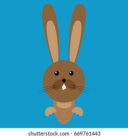 Icon of a cartoon brown hare. Cute brown rabbit on a blue background. Vector illustration.