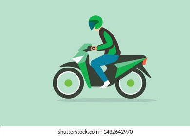 Icon or cartoon character flat style of motorcycle rider, transportation, courier, food delivery services for banner, poster advertising or promotion design. copy space.