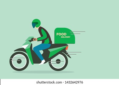 Icon or cartoon character flat style of motorcycle rider, transportation, courier, food delivery services for banner, poster advertising or promotion design. copy space.