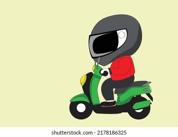 Icon or cartoon character flat style of motorcycle rider, transportation, courier, food delivery services for banner, poster advertising or promotion design. copy space.