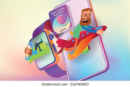 An icon with a cartoon character on the screen of a smart watch and a mobile phone. Vector banner