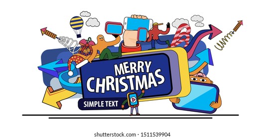 Icon with cartoon characters and the inscription merry Christmas. Vector banner