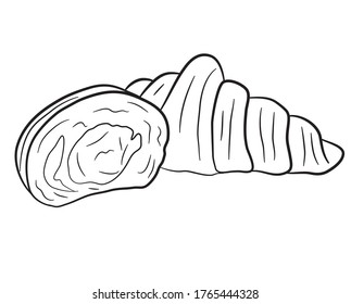 Icon of cartoon croissant with a half. Line art. Vector isolated on white background for cafe, bistro, restaurant menu design design, labels and packaging. Fashionable illustration. Cartoon style. Vec