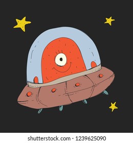 Icon of cartoon flying saucer, ufo with alien creature and stars for children. Adventure travel exploration around universe.