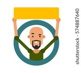 Icon cartoon guy. Vector illustration of a young man with a sign in flat style and blank space for inscriptions.
