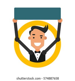 Icon cartoon guy. Vector illustration of a young man with a sign in flat style and blank space for inscriptions.