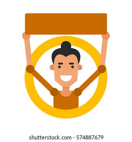 Icon cartoon guy. Vector illustration of a young man with a sign in flat style and blank space for inscriptions.