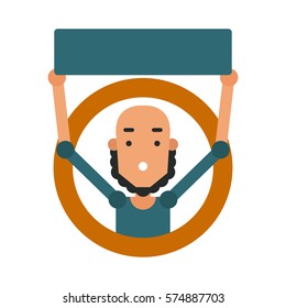 Icon cartoon guy. Vector illustration of a young man with a sign in flat style and blank space for inscriptions.