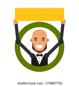 Icon cartoon guy. Vector illustration of a young man with a sign in flat style and blank space for inscriptions.