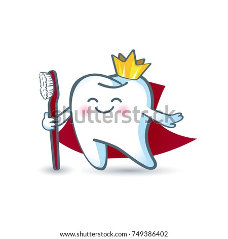Icon cartoon healthy tooth in the crown, holding a toothbrush
