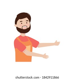 icon of cartoon man with beard wearing overalls over white background, flat style, vector illustration