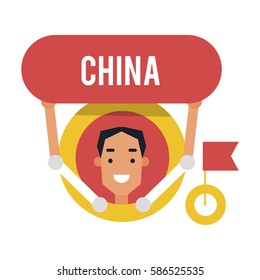 Icon cartoon man with sign China. Male avatar in flat style. Vector illustration isolated on white background.