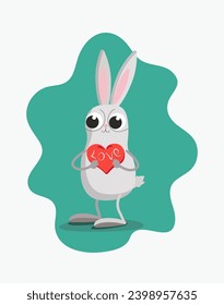 Icon, cartoon rabbit with heart, valentine, greeting card. St. Valentine's Day. Funny hare. Inscription Love. Vector illustration, isolated background.