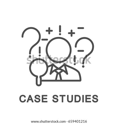 Icon case studies. Businessman uses the case method to analyze the situation and solve the problem. The thin contour lines.