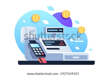 Icon of cash machine for cashier employee in store. Isolated concept modern device using electronic payment by card with check and gold coin. Vector illustration.