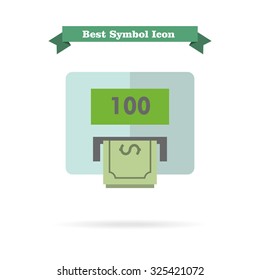 Icon of cash machine with hundred dollar, banknote 