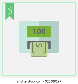 Icon of cash machine with hundred dollar, banknote 